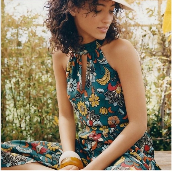 Anthropologie Geneva Halter Wide Leg Floral Jumpsuit Green Size XS - Picture 13 of 14